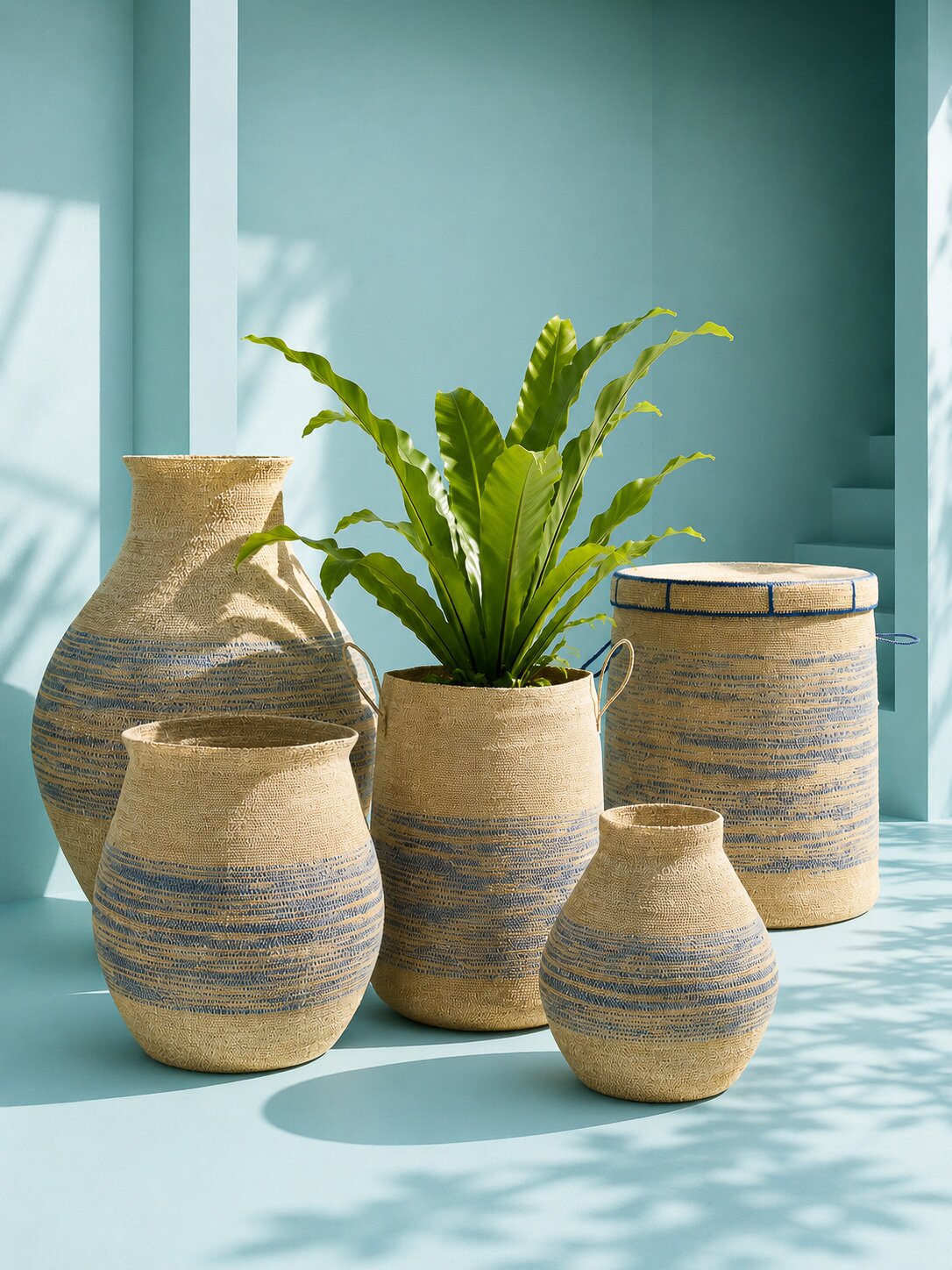J-LINE BASKET WITH HANDLE STRIPED SEAGRASS NATURAL/BLUE