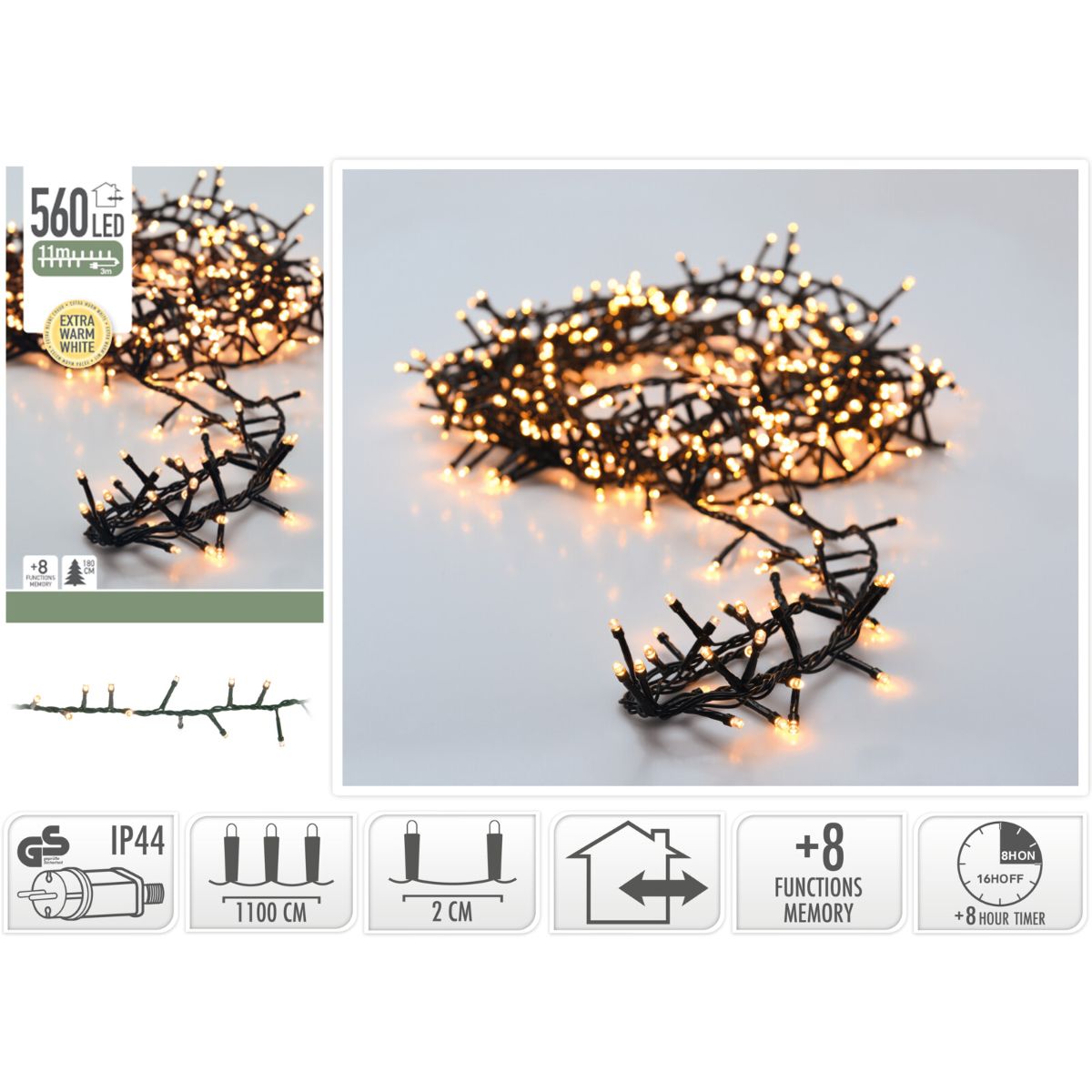 Microcluster - 560 Led - 11M - Extra Warm Wit - Timer - Lichtfuncties - Geheugen - Buiten