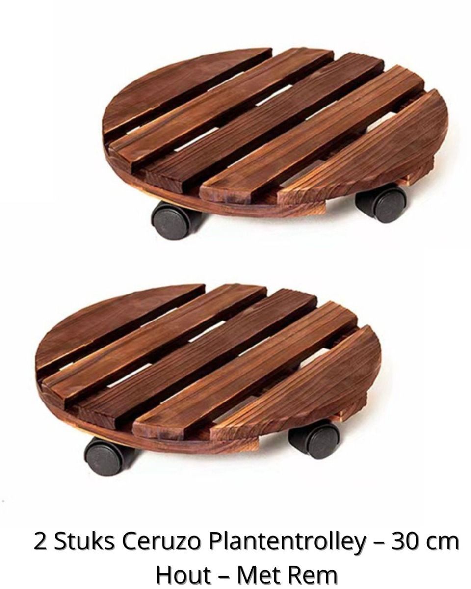 Ceruzo 2X Plantentrolley Met Wieltjes - Rond 30 Cm - Hout