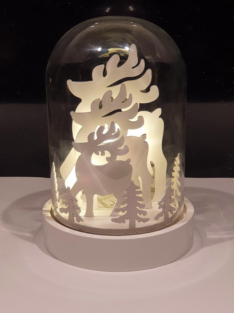 Grote glazen kerst Stolp (18 cm!) met Led verlichting en houtsnijwerk
