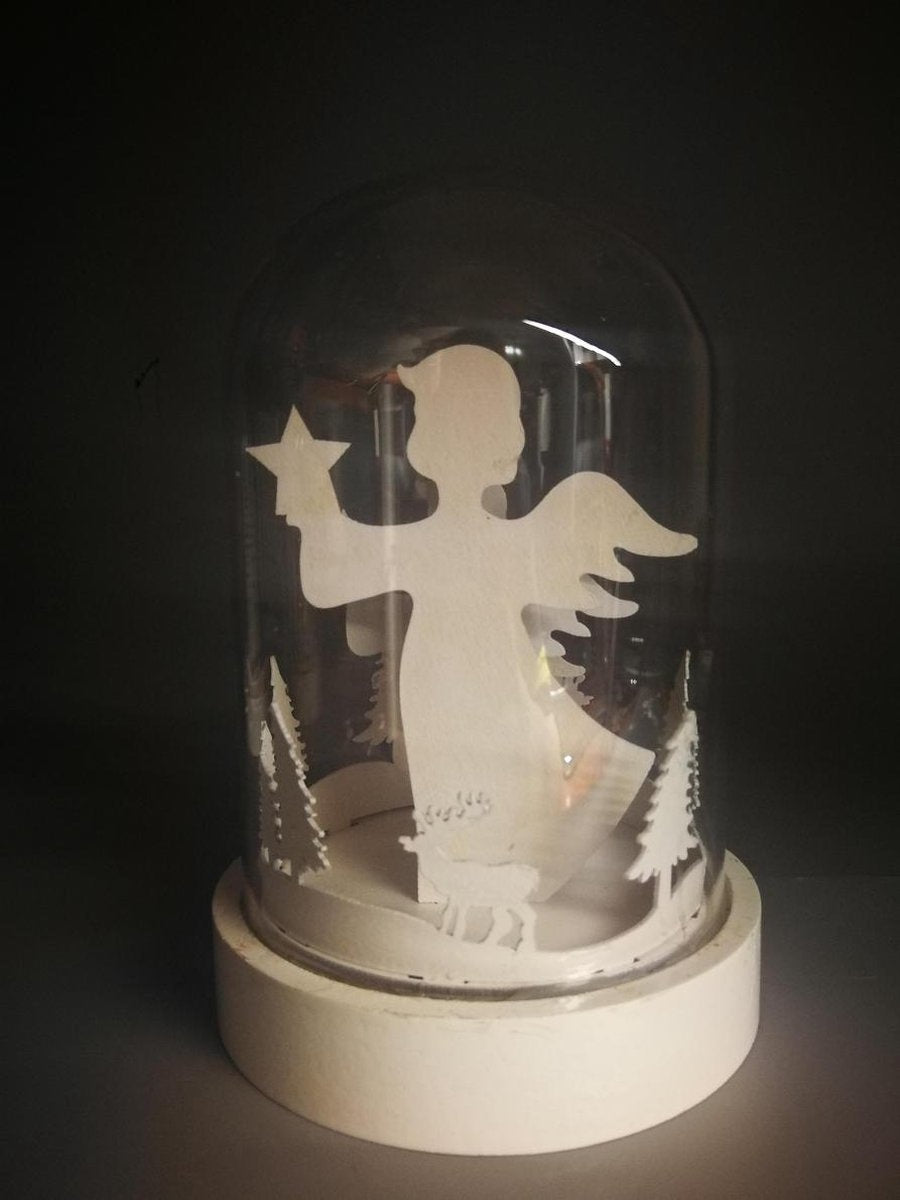 Grote glazen kerst Stolp (18 cm!) met Led verlichting en houtsnijwerk