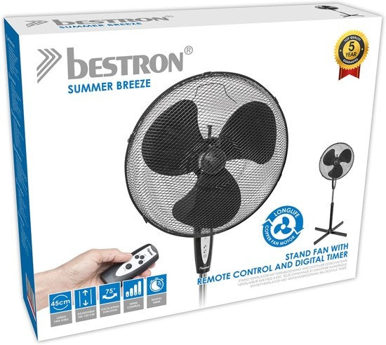  ASV45ZR STATIEFVENTILATOR 45 CM MET ASTANDSBEDIENING EN TIMER ZWART 45 WATT