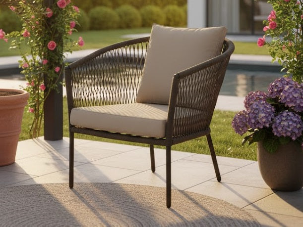 RENNES LOUNGE CHAIR ALU OLIVE GREEN ROPE 4.5MM OLIVE GREEN TAUPE 240 KUSSENS