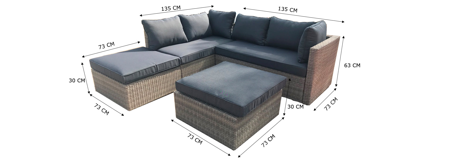 ALMADIA MODULO LOUNGE CORNER SET 4PCS STAAL DONKERGRIJS WICKER HALFROUND 7MM NATURAL KOBO GREY DONKERGRIJS KUSSENS