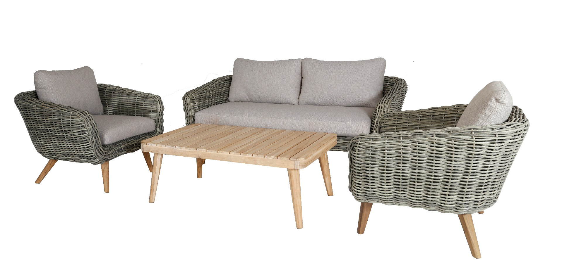 SERRANO LOUNGESET 4-DELIG ALU GRIJS / WICKER ROUND 10MM GREEN FADED GREY / ACACIA LIGHT TEAK LOOK