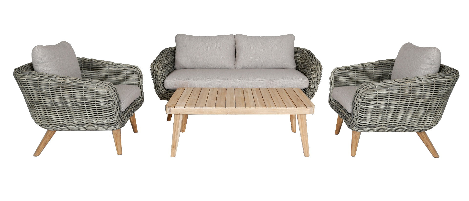 SERRANO LOUNGESET 4-DELIG ALU GRIJS / WICKER ROUND 10MM GREEN FADED GREY / ACACIA LIGHT TEAK LOOK