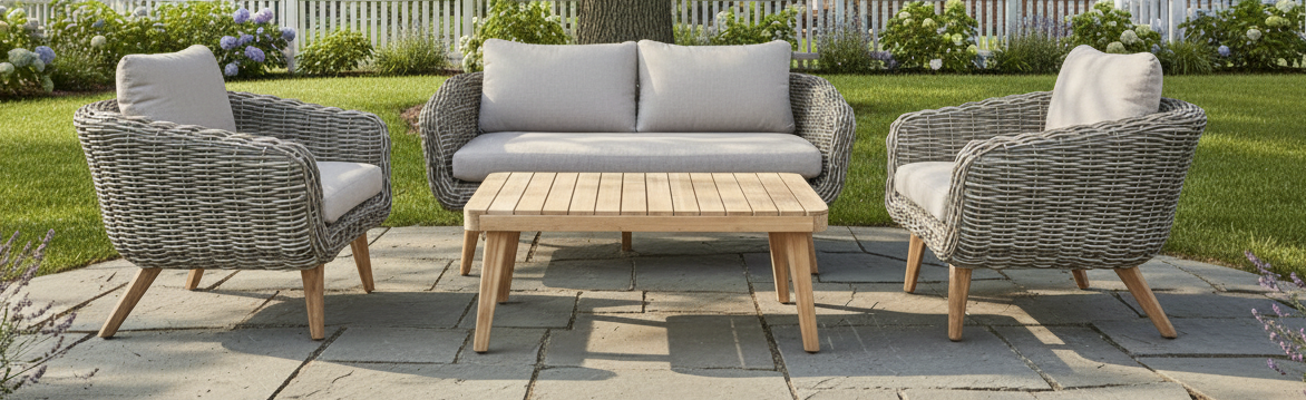 SERRANO LOUNGESET 4-DELIG ALU GRIJS / WICKER ROUND 10MM GREEN FADED GREY / ACACIA LIGHT TEAK LOOK