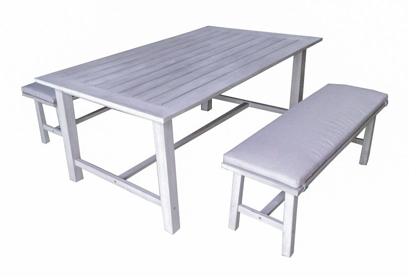 RAVELLO DINING SET 3PCS 2X BANK + TAFEL 177X102X75CM ACACIA FOSSIL GREY ROYAL STONE GREY KUSSENS