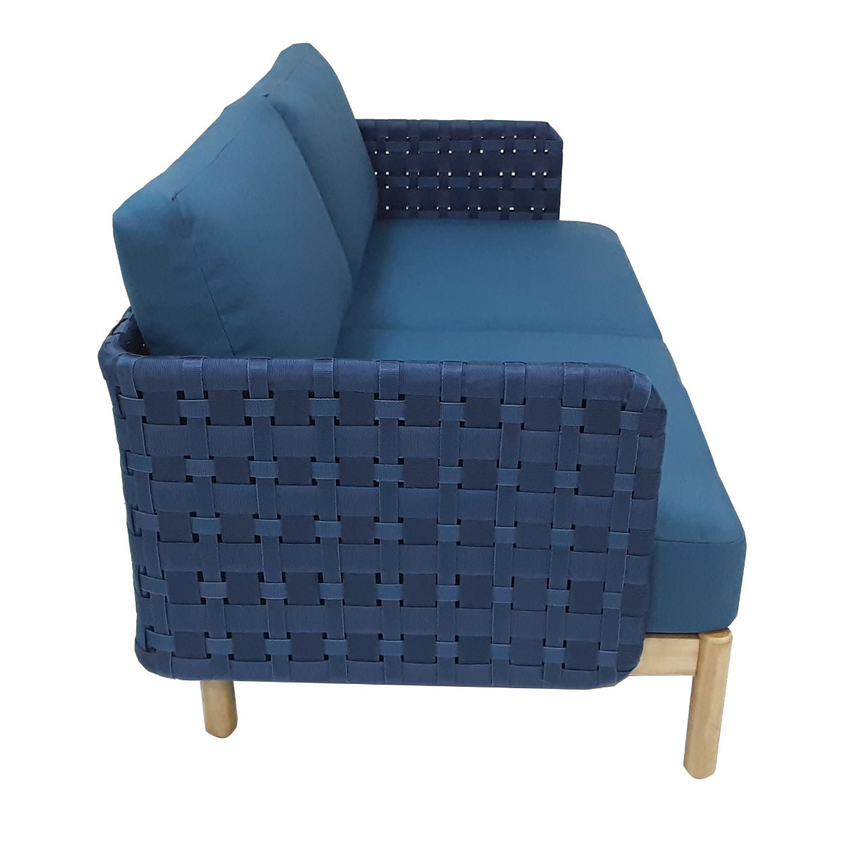 KOLBE 3-ZITS SOFA STAAL NAVY BLUE BRAIDED OUTDOOR 40MM ACACIA LIGHT TEAK LOOK SERVAL NAVY BLUE KUSSENS