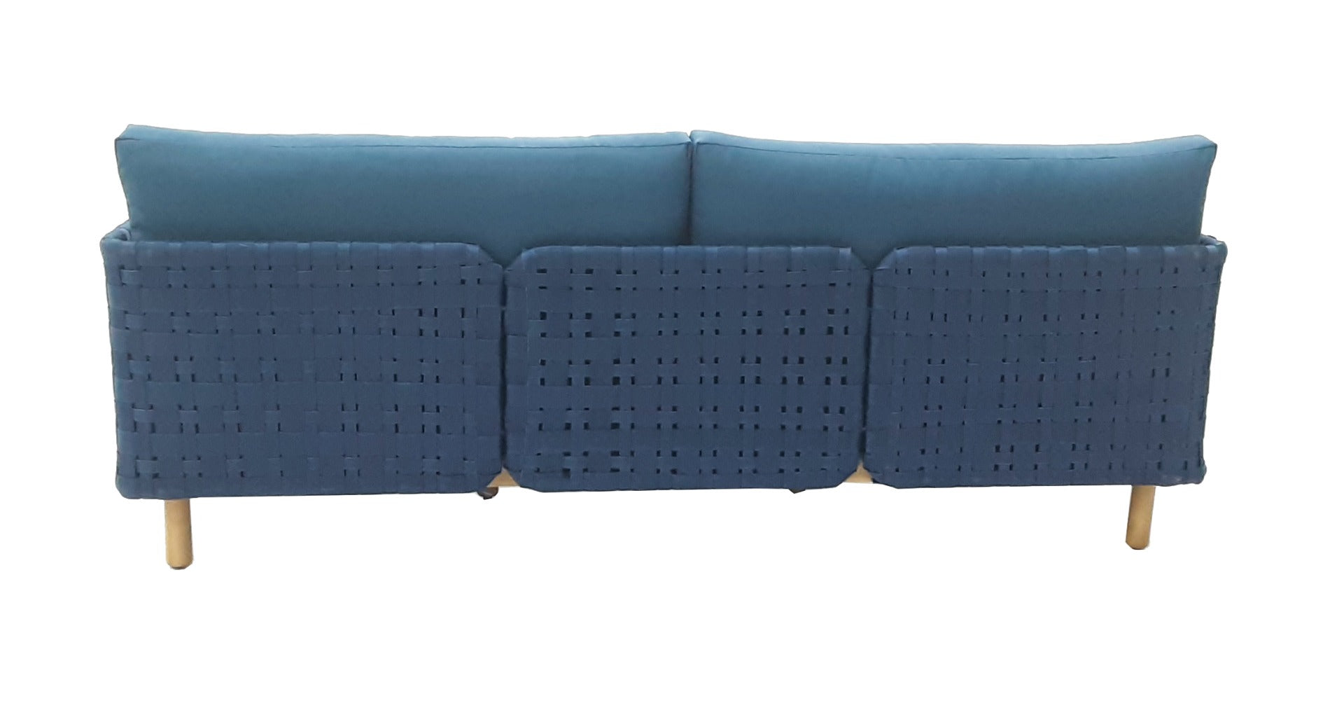 KOLBE 3-ZITS SOFA STAAL NAVY BLUE BRAIDED OUTDOOR 40MM ACACIA LIGHT TEAK LOOK SERVAL NAVY BLUE KUSSENS