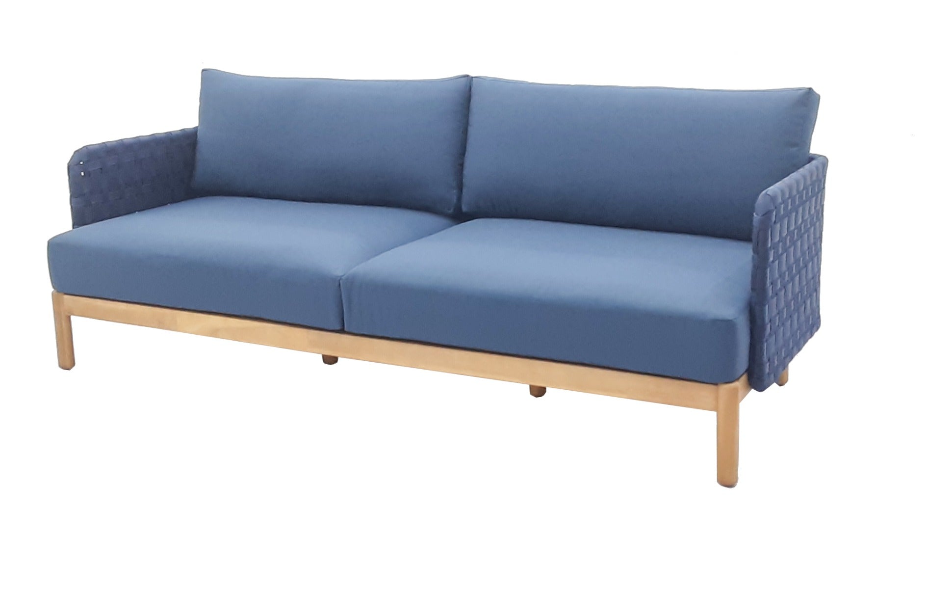 KOLBE 3-ZITS SOFA STAAL NAVY BLUE BRAIDED OUTDOOR 40MM ACACIA LIGHT TEAK LOOK SERVAL NAVY BLUE KUSSENS