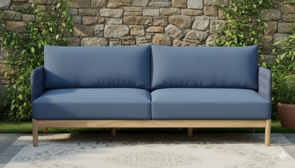 KOLBE 3-ZITS SOFA STAAL NAVY BLUE BRAIDED OUTDOOR 40MM ACACIA LIGHT TEAK LOOK SERVAL NAVY BLUE KUSSENS