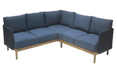 KOLBE CORNER LOUNGE SET STAAL NAVY BLUE BRAIDED OUTDOOR 40MM ACACIA LIGHT TEAK LOOK INDIGO BLUE BRANDVERTRAGENDE KUSSENS