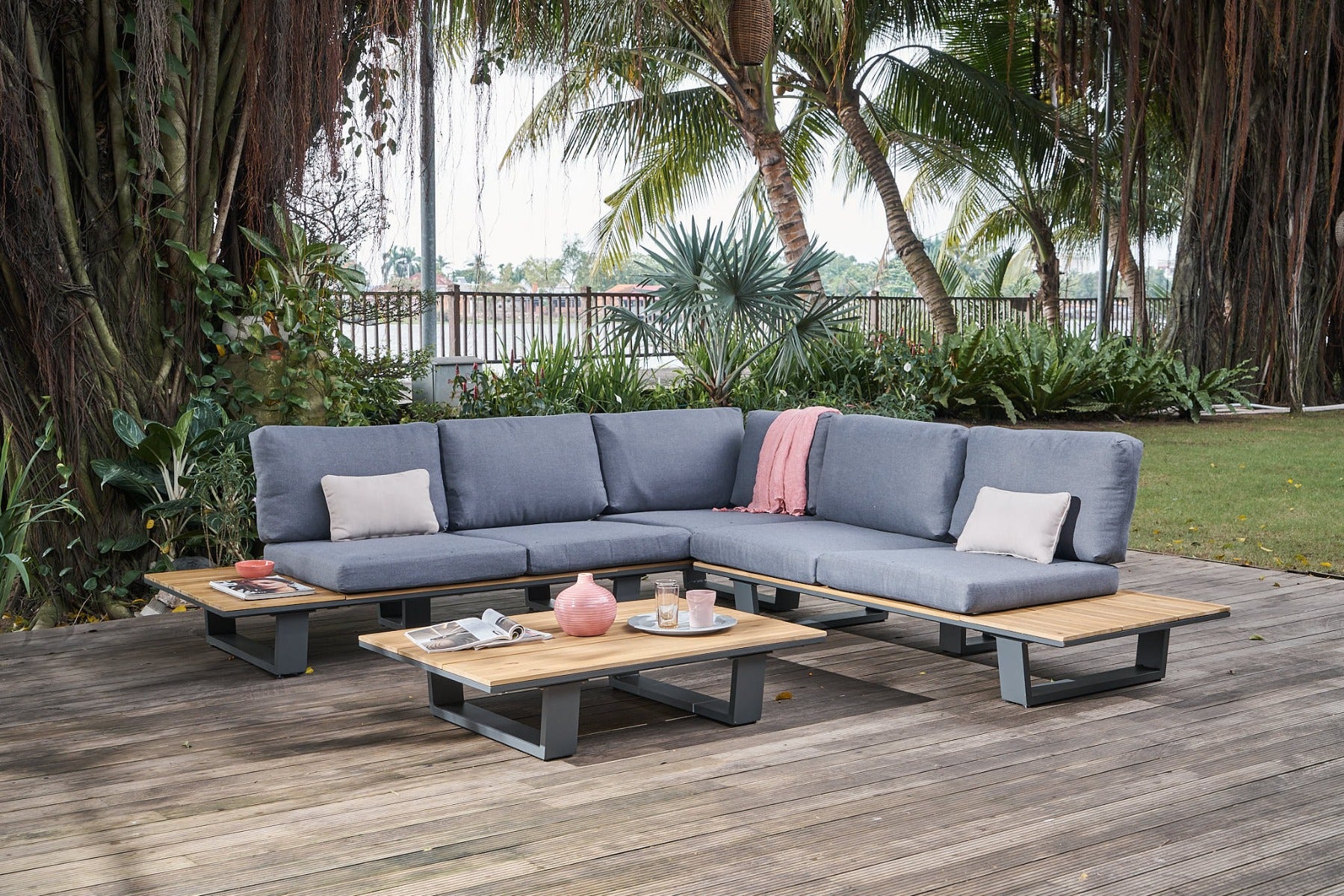 LOTA LOUNGE CORNER SET 3PCS ANTRACIET ALUMINIUM ACACIA TEAK LOOK ANTRACIET OLEFIN KUSSENS