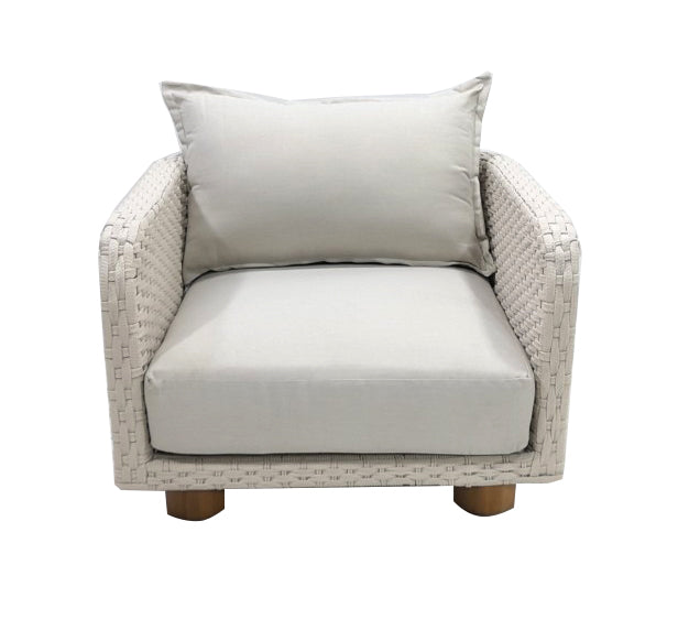 NAYAN LOUNGE CHAIR STAAL OYSTER ROPE OFF-WHITE ACACIA VINTAGE DARK TEAK LOOK ROYAL SAND KUSSENS