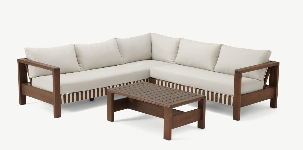 ZAMBRA LOUNGE CORNER SET 3PCS FLAT 30MM OFF-WHITE ACACIA VINTAGE DARK TEAK LOOK ROYAL SAND KUSSENS