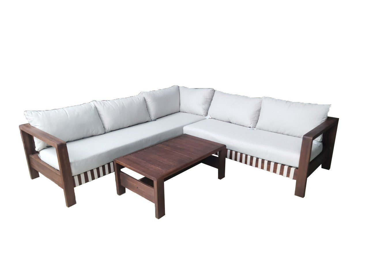 ZAMBRA LOUNGE CORNER SET 3PCS FLAT 30MM OFF-WHITE ACACIA VINTAGE DARK TEAK LOOK ROYAL SAND KUSSENS