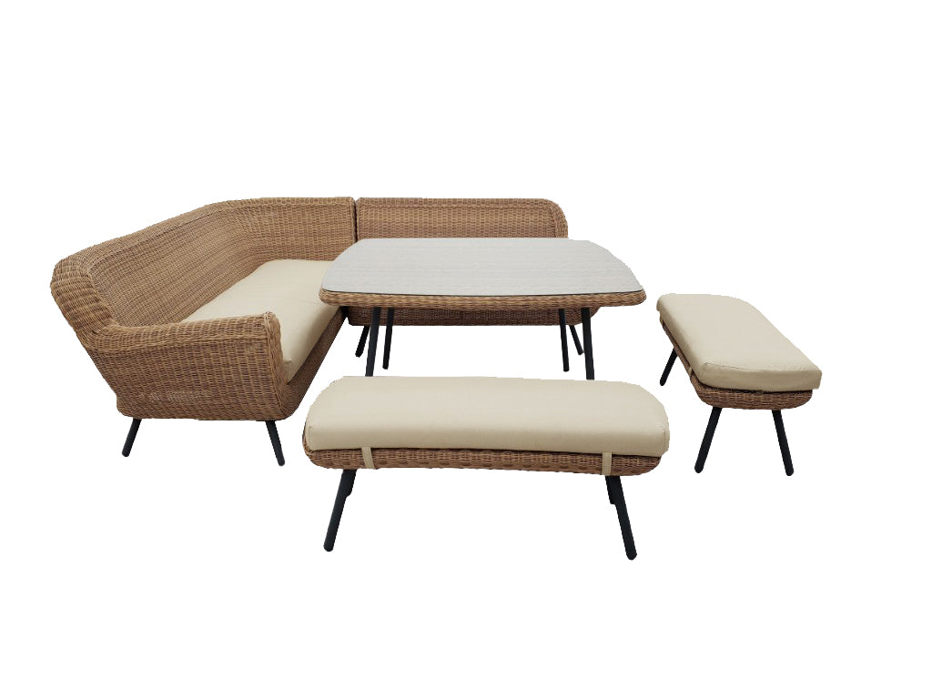 JONAH CORNER DINING SET 5PCS LINKS/RECHTS/2X BANK/TAFEL 130X130