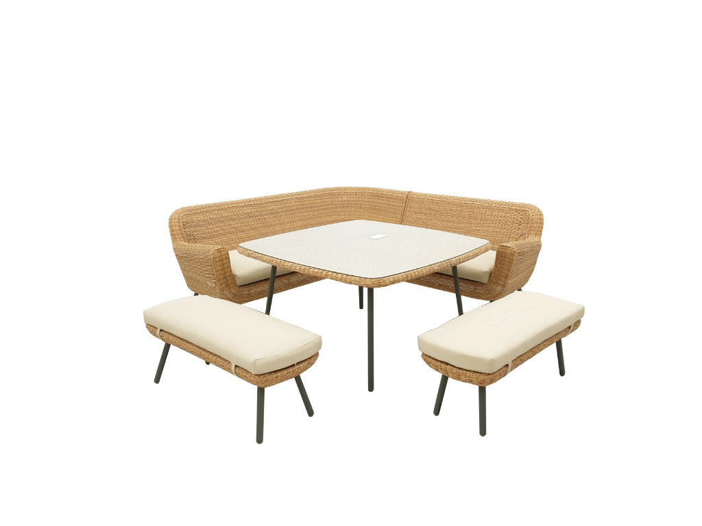 JONAH CORNER DINING SET 5PCS LINKS/RECHTS/2X BANK/TAFEL 130X130