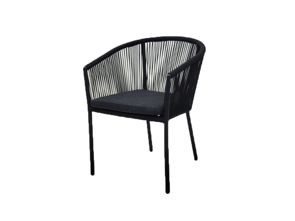 REIMS STAPELBARE DINING STOEL SET VAN 2 ALU ZWART ROPE 4.5MM ZWART ROYAL BLENDED BLACK KUSSEN 65.5X65.5X83.5CM