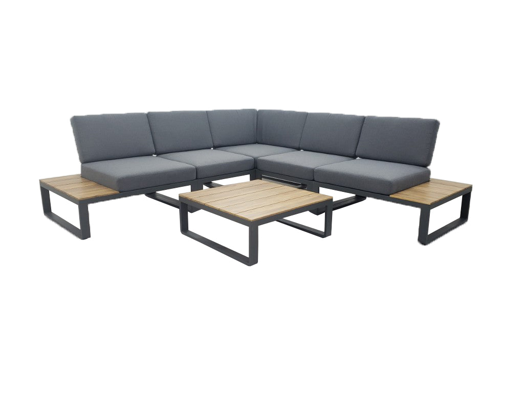 ALBUFEIRA MODULAIRE LOUNGE CORNER SET ALU ANTRACIET ACACIA LIGHT TEAK LOOK TEXTILENE ZWART ROYAL ANTHRACITE KUSSENS