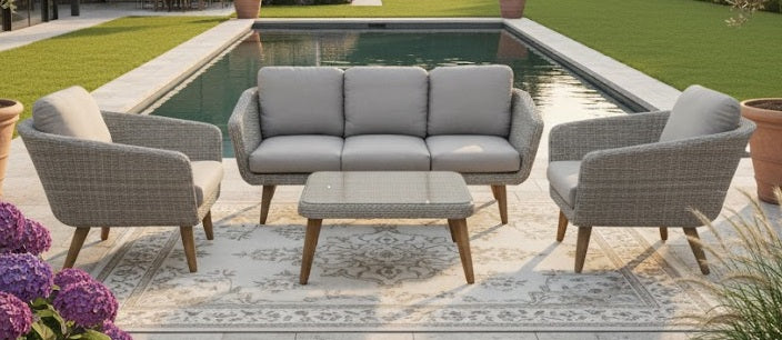 MIRE LOUNGE SET ALU LICHTGRIJS WICKER HALFROUND 7MM NATURAL WHITE GREY ACACIA LIGHT TEAK LOOK FSC 100% ROYAL STONE GREY KUSSENS