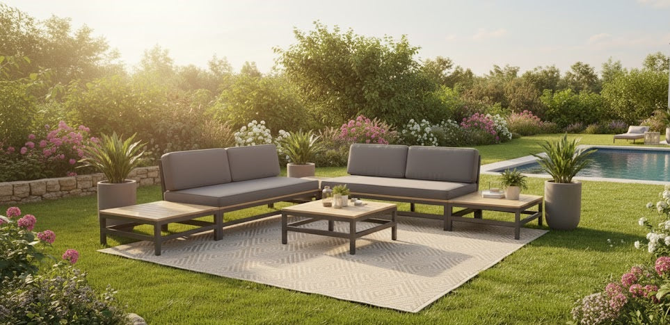 BETIS LOUNGE SET 6PCS 2X BANK + 4X TAFEL ALU ANTRACIET ACACIA LIGHT TEAK LOOK ROYAL ANTHRACITE KUSSENS