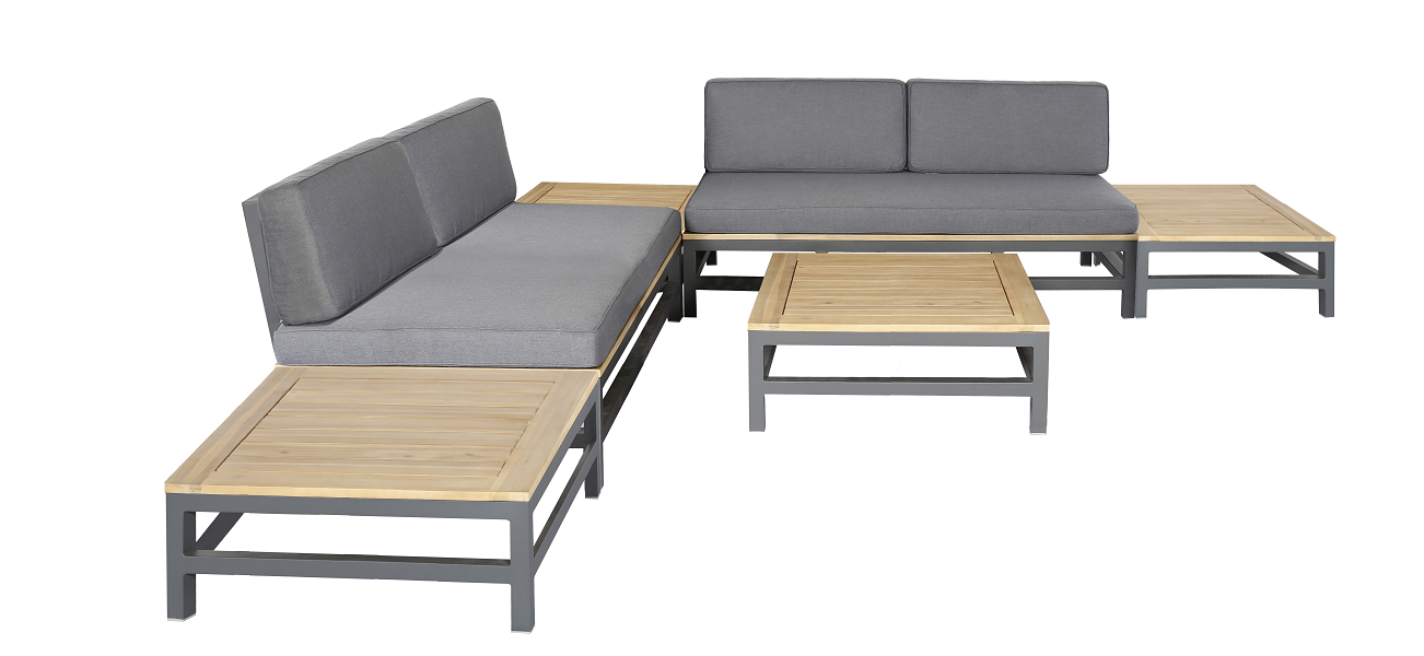 BETIS LOUNGE SET 6PCS 2X BANK + 4X TAFEL ALU ANTRACIET ACACIA LIGHT TEAK LOOK ROYAL ANTHRACITE KUSSENS