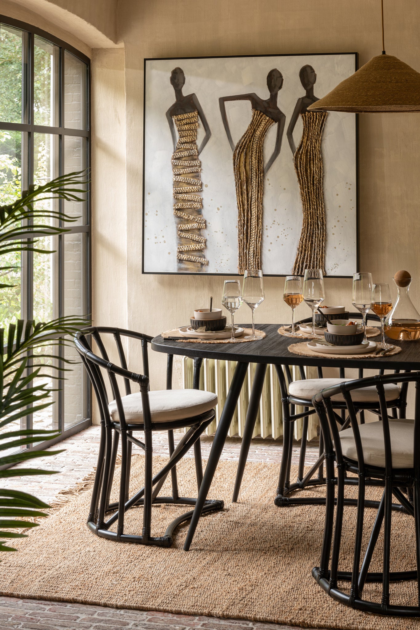 Stoel+Kussen Rotan/Textiel Zwart/Wit