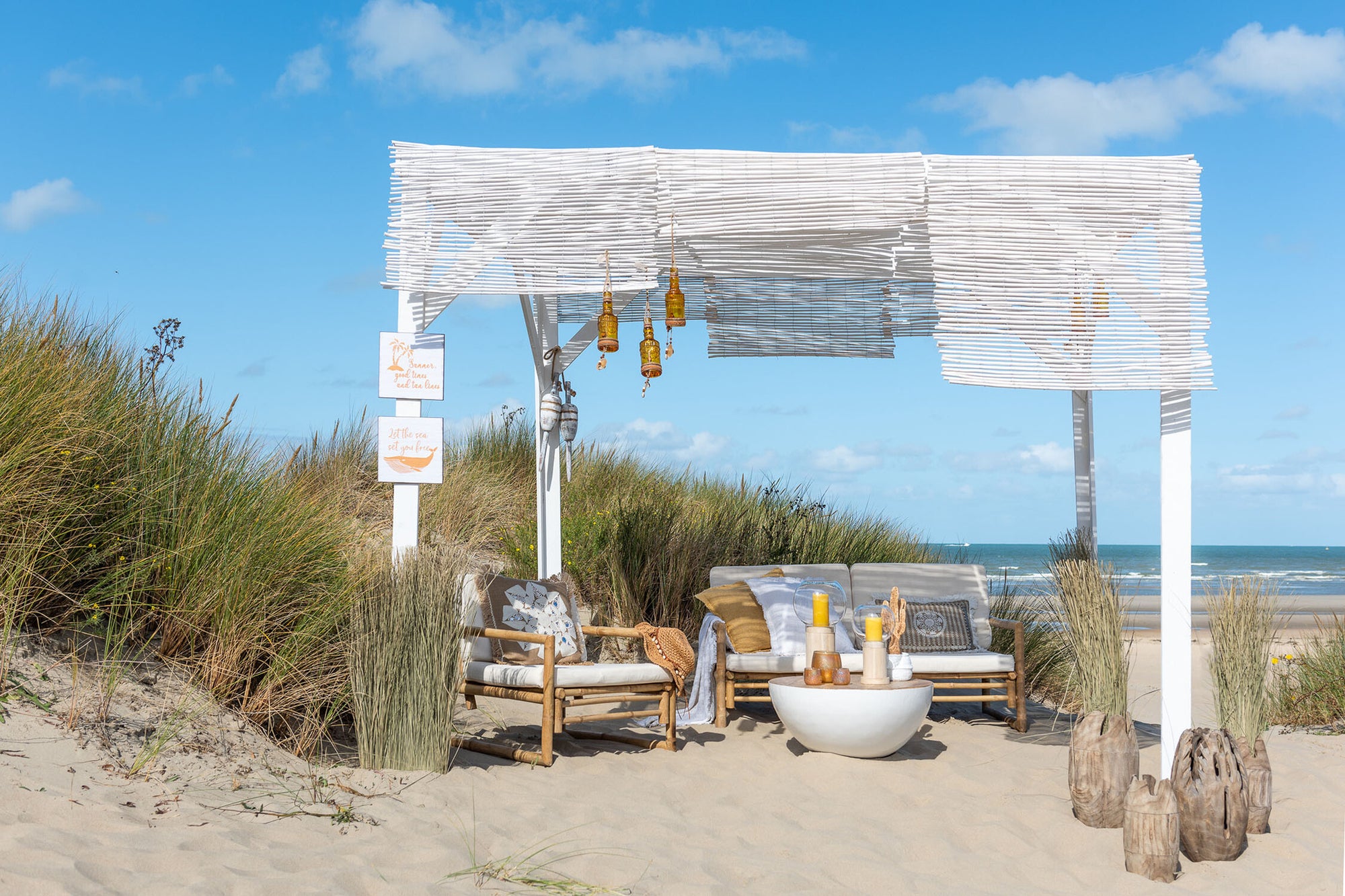 2-zitsbank bamboe+textiel naturel/wit