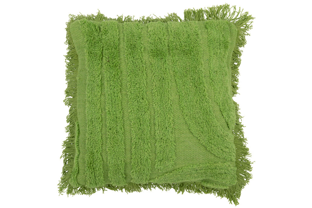 J-LINE KUSSEN TUFTED CURVES + FRANJES – WOL/KATOEN – GROEN – 45 CM