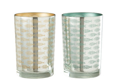 J-LINE HURRICANE FISH GLASS BEIGE/BLUE LARGE – SET VAN TWEE STUKS