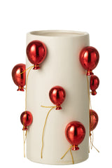 J-LINE VAAS BALLON KERAMIEK WIT/KERST ROOD GROOT