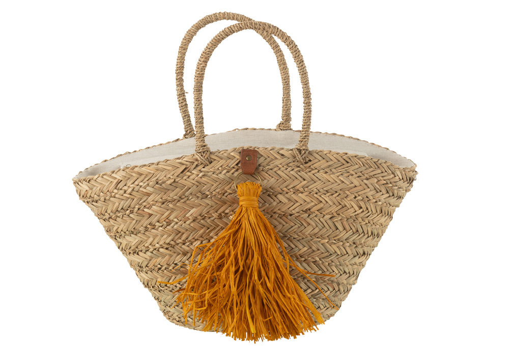 J-LINE STRANDTAS MET KWASTJES – ZEEGRAS/RAFFIA NATUUR/OCHER