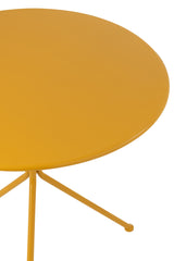 Grote ronde metalen tuintafel met driepoot in okergeel