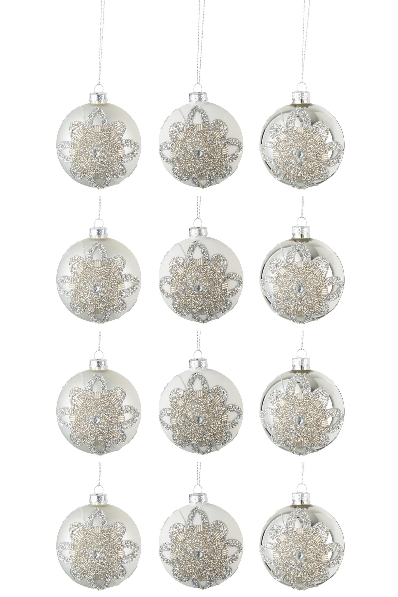 J-LINE DOOS VAN 12 KERSTBALLEN 4+4+4 ORNAMENT PARELS GLAS MAT WIT/MAT ZILVER/GLANS ZILVER KLEIN