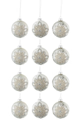 J-LINE DOOS VAN 12 KERSTBALLEN 4+4+4 ORNAMENT PARELS GLAS MAT WIT/MAT ZILVER/GLANS ZILVER KLEIN