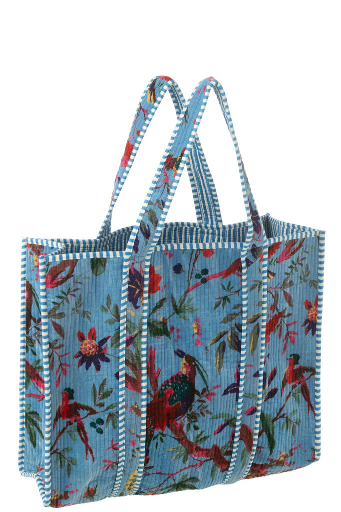 J-LINE TOTE BAG BIRDS/FLOWERS COTTON VELVET BLUE