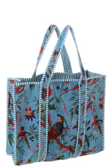 J-LINE TOTE BAG BIRDS/FLOWERS COTTON VELVET BLUE