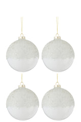 J-LINE DOOS VAN 4 KERSTBALLEN SUIKER BOVEN GLAS TRANSPARANT WIT MEDIUM
