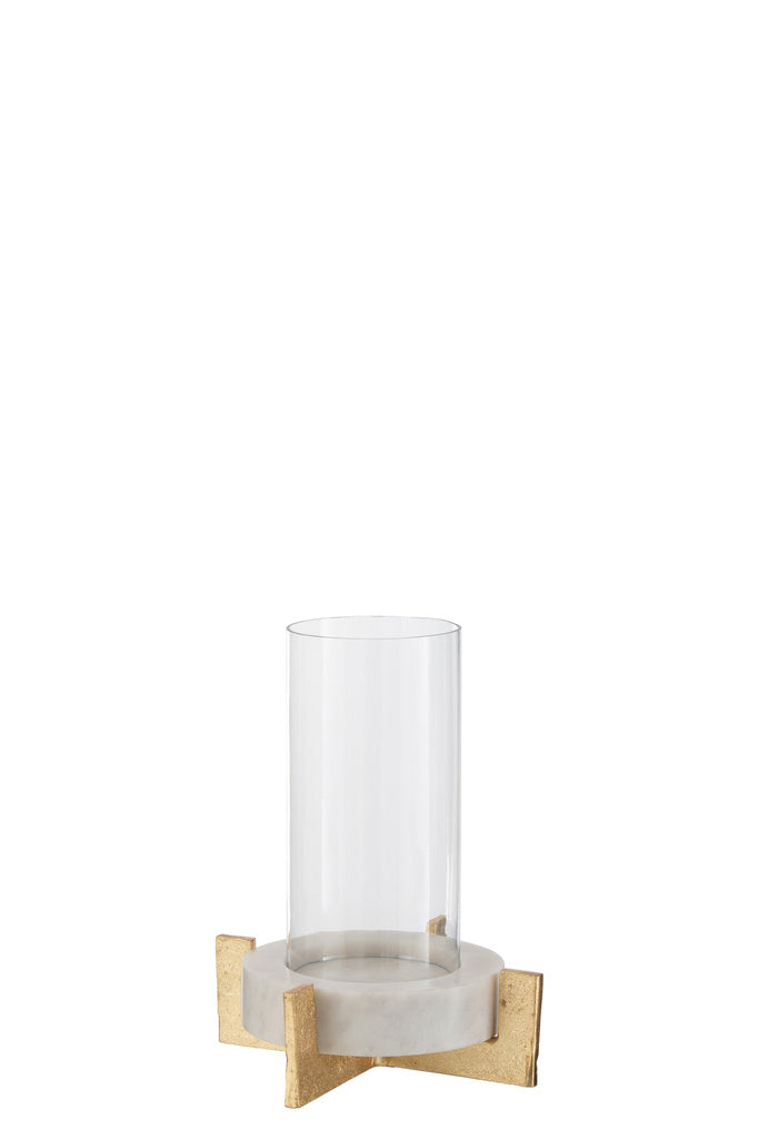 J-LINE GLAZEN THEELICHT MARMER/METAAL BASIS GRIJS/CHAMPAGNE KLEIN