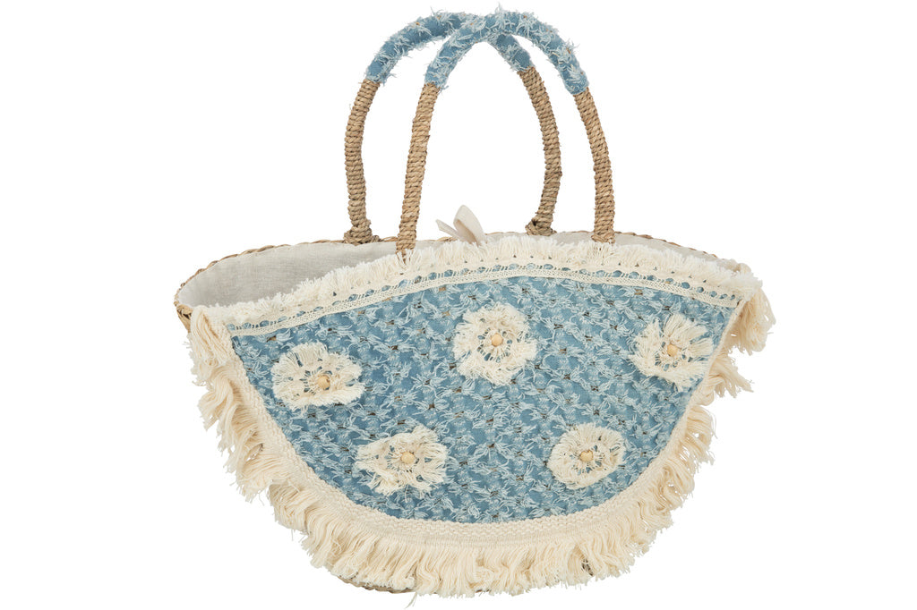 J-LINE STRANDTAS BLOEMEN + FRANJES – DENIM/ZEEGRAS NATUUR/BLAUW