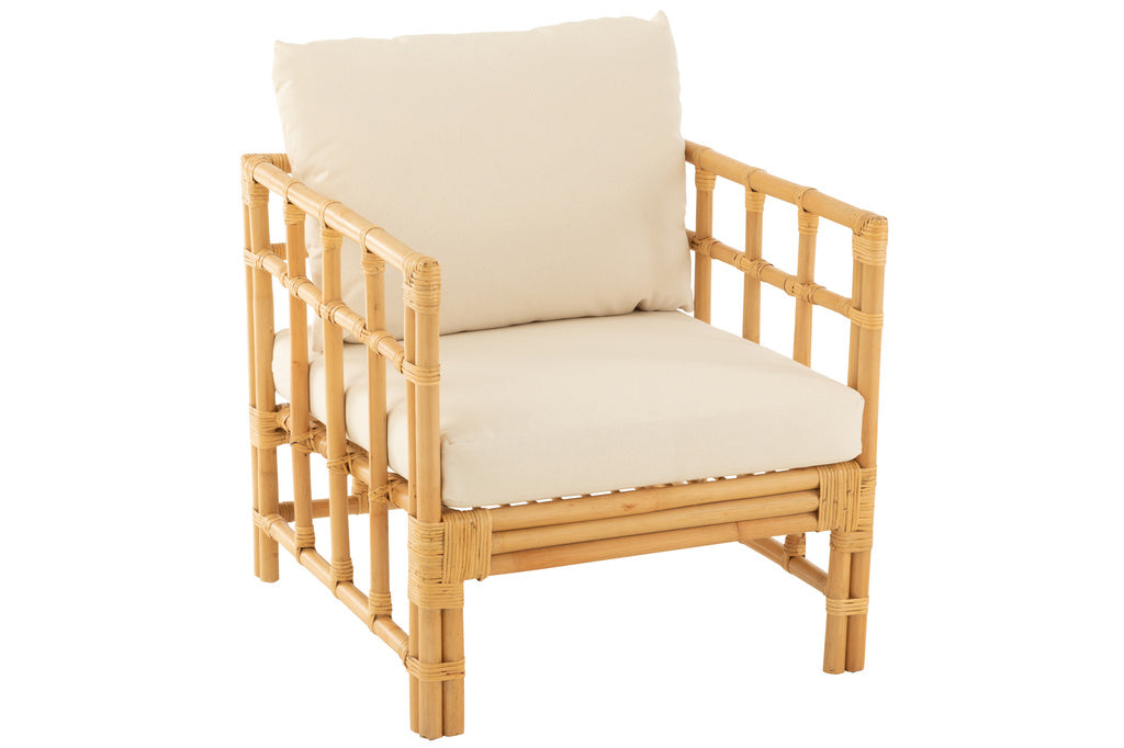 J-LINE ARM CHAIR ELISE + KUSSEN – RATTAN/TEXTIEL – NATURAL/WHITE – 73 CM