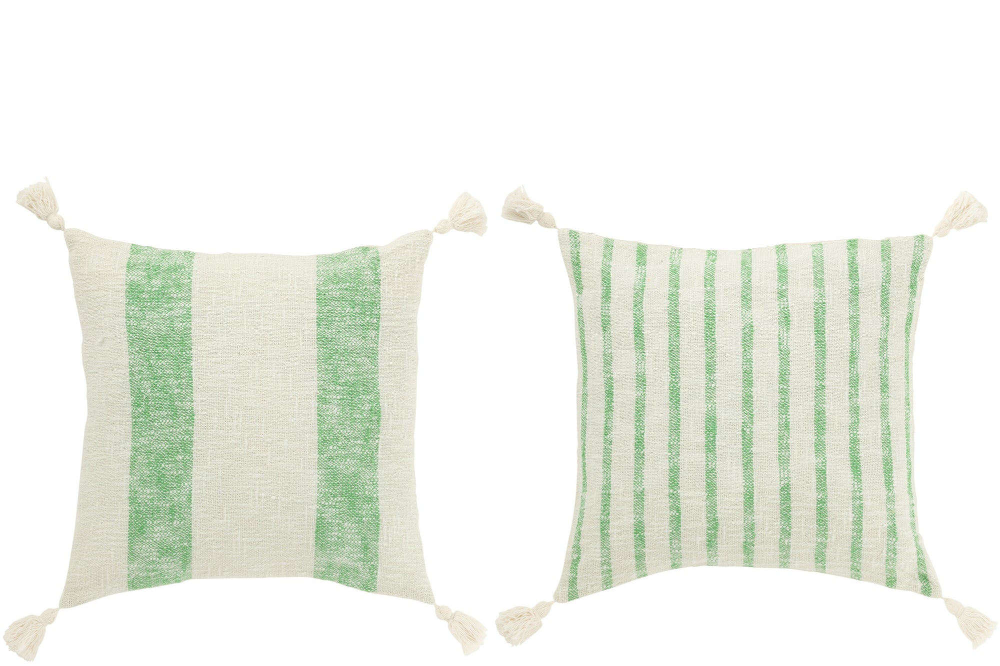 Kussen Vierkant Strepen+Kwastjes Katoen Wit/Groen Assortiment Van 2