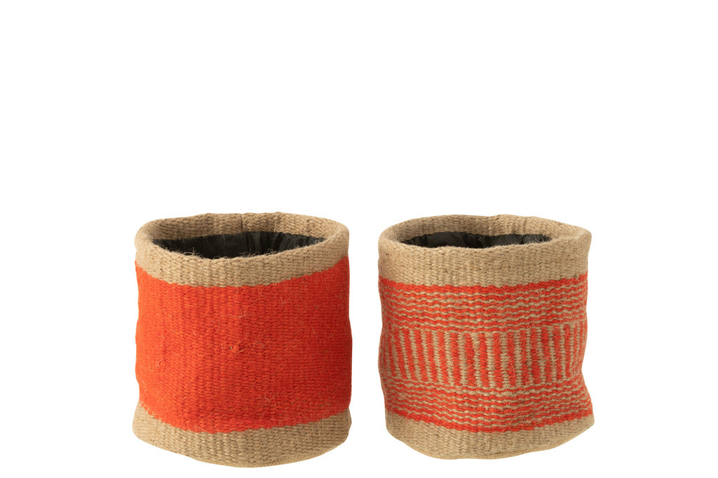 J-LINE RONDE MAND MET BAND JUTE NATUURLIJK/ORANJE MEDIUM - SET VAN 2