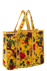 J-LINE TOTE BAG BIRDS/FLOWERS COTTON VELVET YELLOW