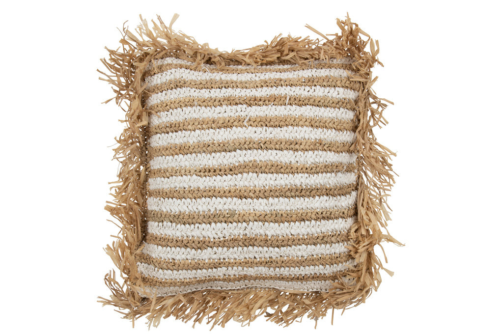 J-LINE KUSSEN STREPEN MET FRANJES – MENDONG/POLYESTER – WIT – 45 CM