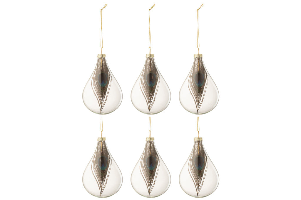 J-LINE DOOS VAN 6 KERSTBALLEN DRUPPEL PAUWENVEER GLAS TRANSPARANT KLEIN