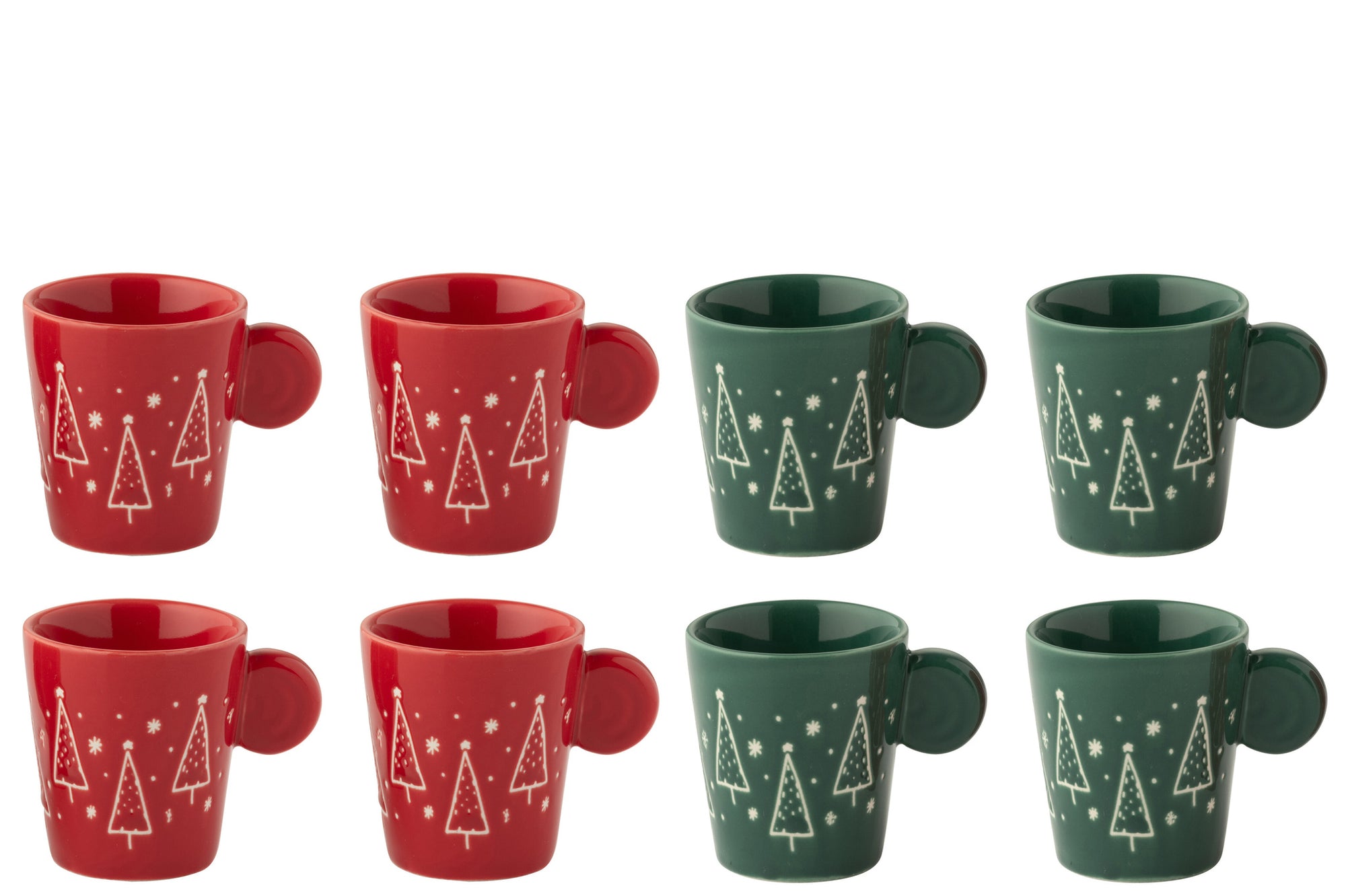 J-LINE DOOS VAN 4 KOFFIEKOPJES KERAMISCH KERST ROOD/DONKERGROEN – ASSORTIMENT VAN 2