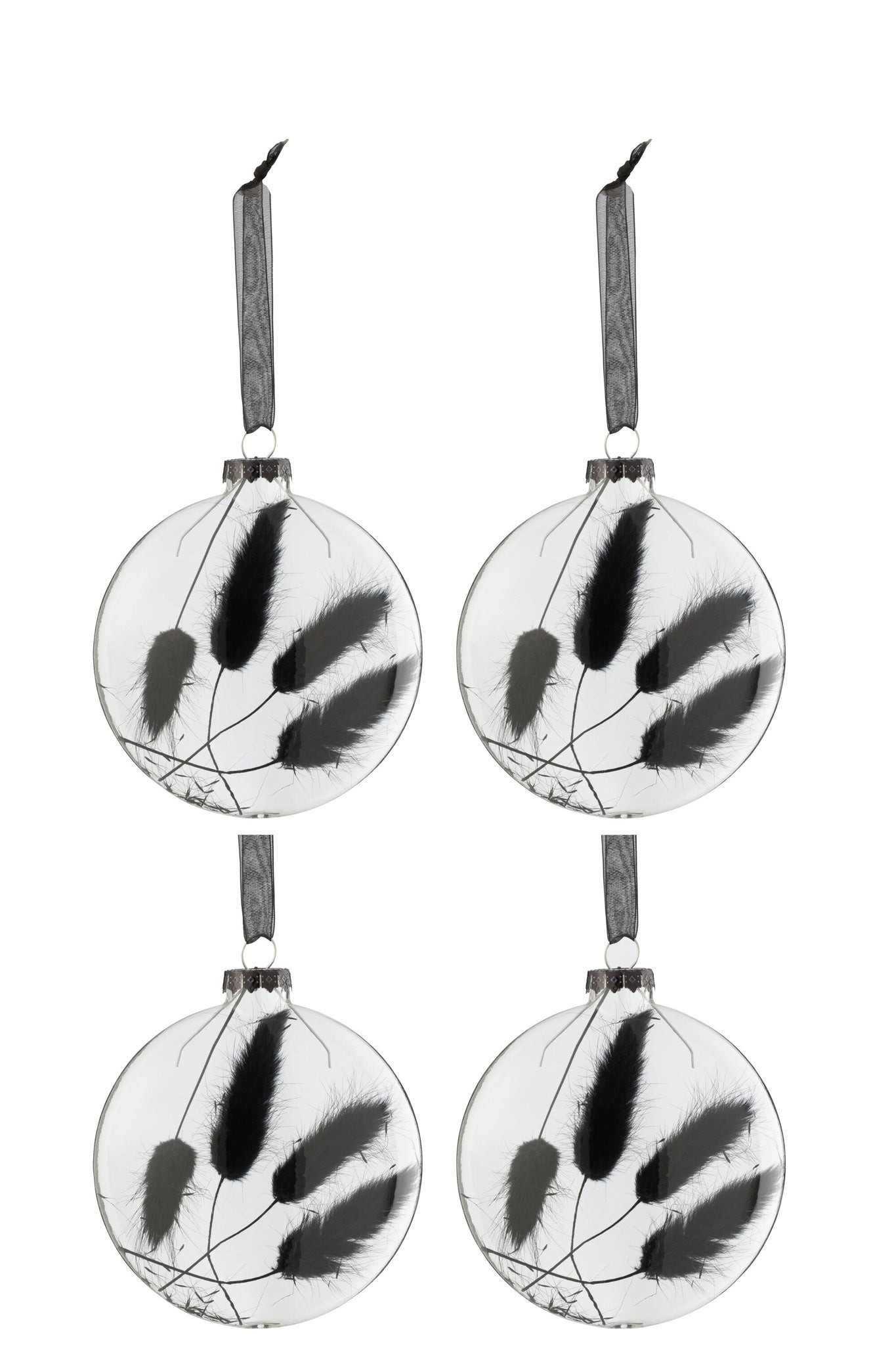 J-LINE DOOS VAN 4 KERSTBALLEN ROND PLAT GEDROOGD HARETAIL ZWART GLAS TRANSPARANT MEDIUM
